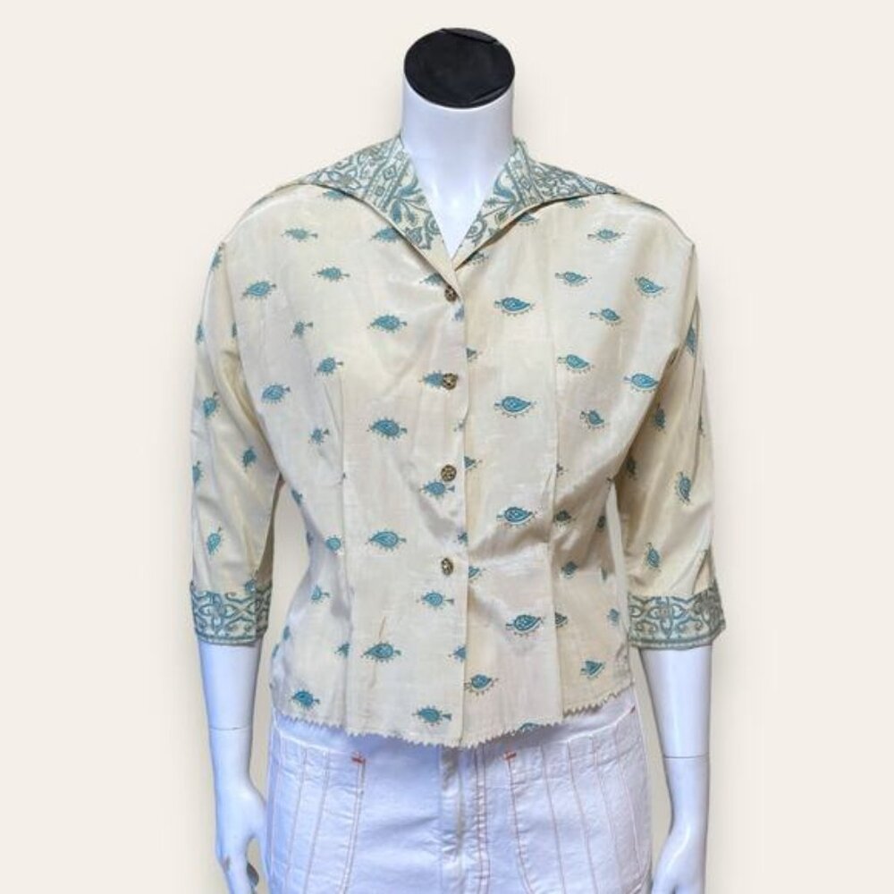Vintage homemade cream and teal button up with dagger collar